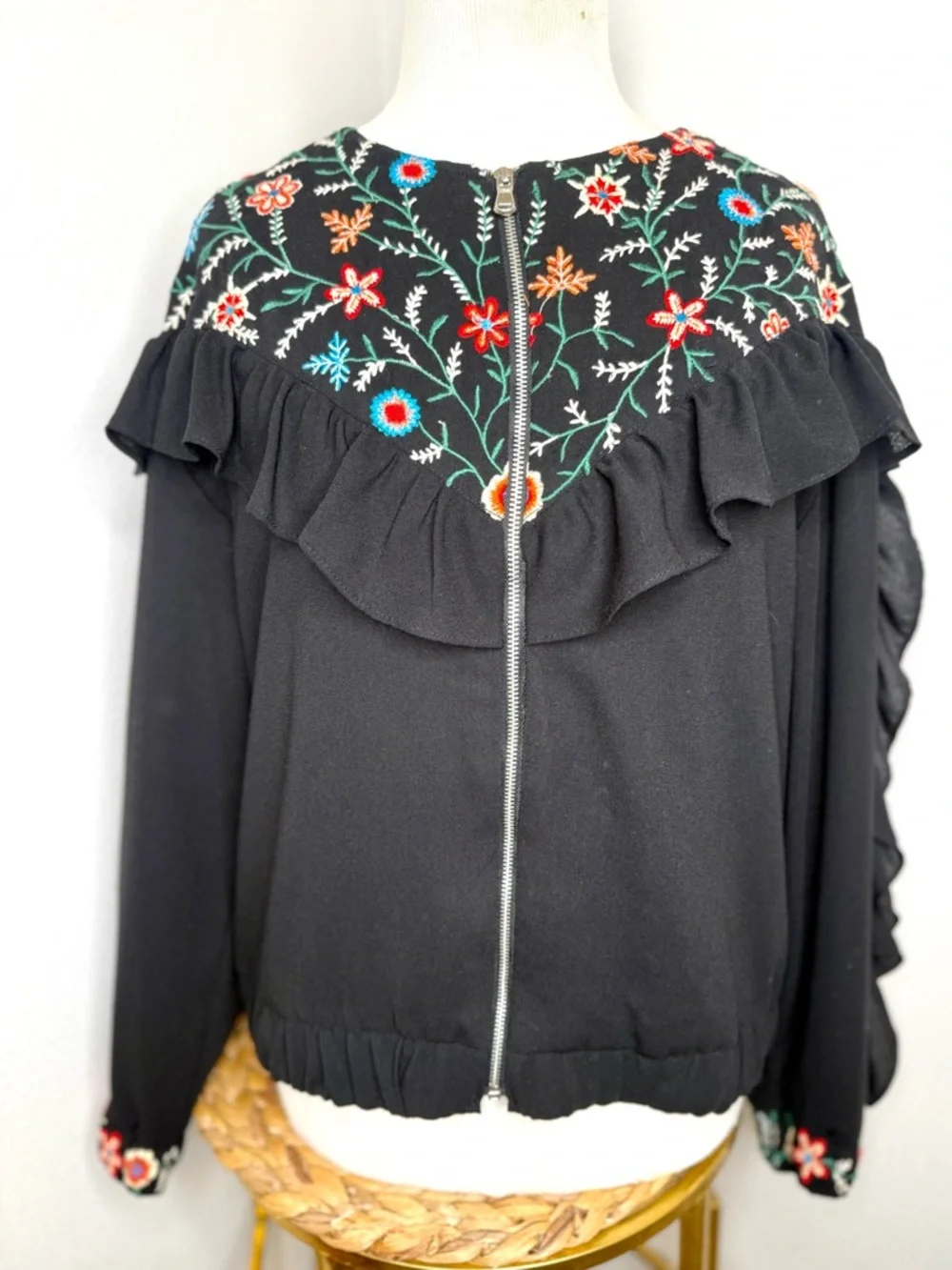 Zara Trf jacket Black embroidered Zip Up Bomber multi floral ruffle sleeve frill